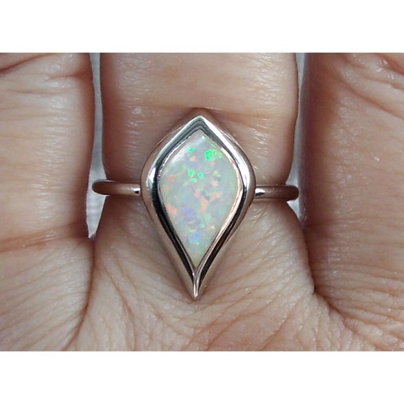 925 STERLING SILVER Lab Created Mystic Shape White Opal Ring - Picture 3 of 16
